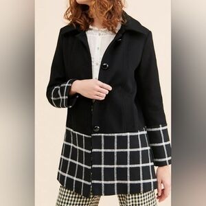 Hutch Black Wool Blend Peacoat with Windowpane Plaid Hem & Cuffs, Size Small